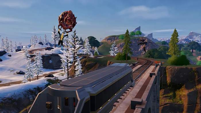 Invincible stealing a train in Fortnite